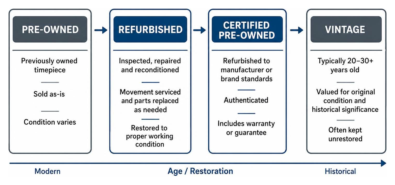 Diagram showing classification of watches into Pre-Owned, Refurbished, Certified Pre-Owned, and Vintage Diagram showing classification of watches into Pre-Owned, Refurbished, Certified Pre-Owned, and Vintage