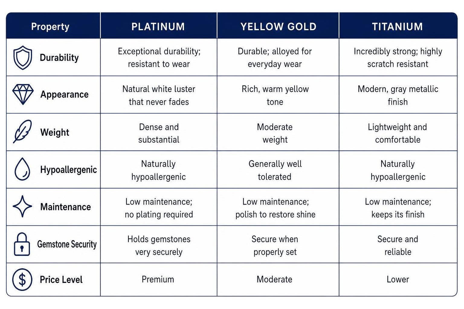 comparing platinum gold and titanium properties