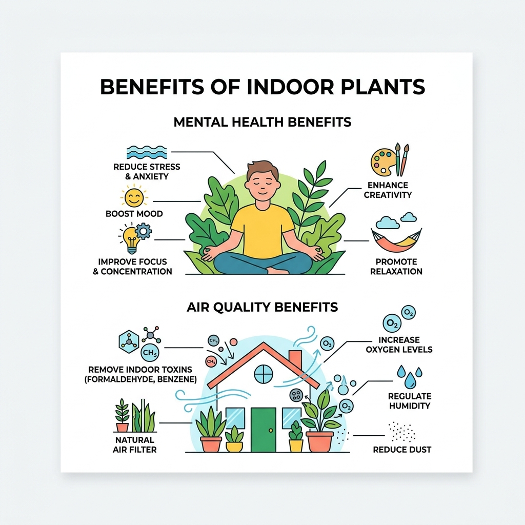 Mental health and air quality benefits of indoor plants infographic - brightening indoor plants list infographic 