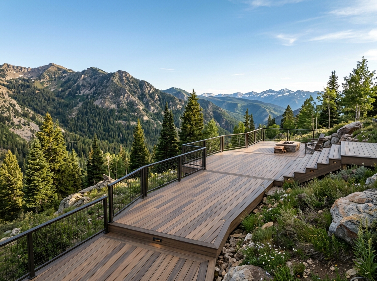 Deckorators Voyage composite deck in Utah mountain setting, afternoon light - deckorators decking reviews Deckorators Voyage composite deck in Utah mountain setting, afternoon light - deckorators decking reviews