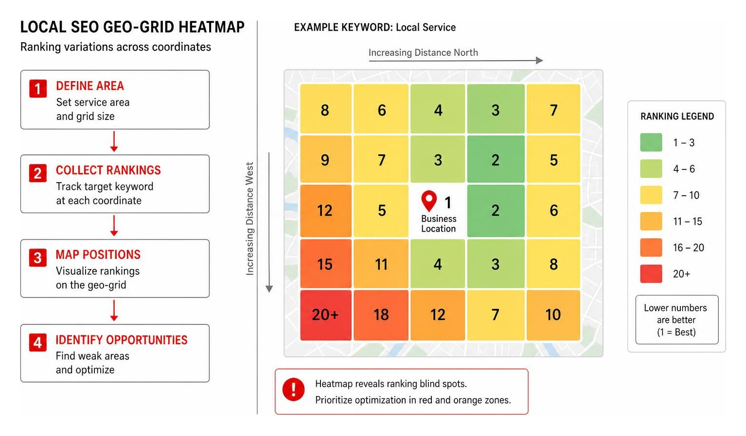 Local SEO geo-grid heatmap showing ranking variations across coordinates