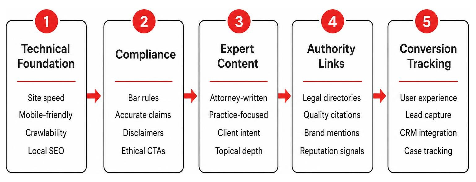 The 5-Layer Legal SEO Stack: Technical Foundation, Compliance, Expert Content, Authority Links, and Conversion Tracking