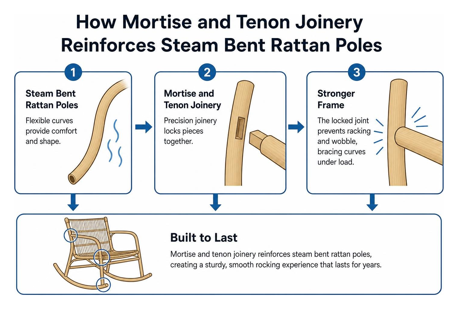 Diagram showing how mortise and tenon joinery reinforces steam bent rattan poles Diagram showing how mortise and tenon joinery reinforces steam bent rattan poles
