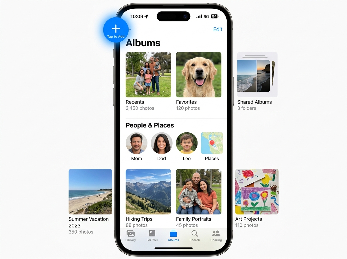 The plus (+) icon in the Photos app used to create new albums or folders - how to organize photo albums on iphone