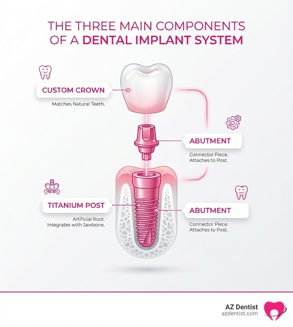 Infographic showing the three main components of a dental implant system: the titanium post that integrates with the jawbone acting as an artificial root, the abutment connector piece that attaches to the post, and the custom crown that matches your natural teeth - dental implants scottsdale infographic 