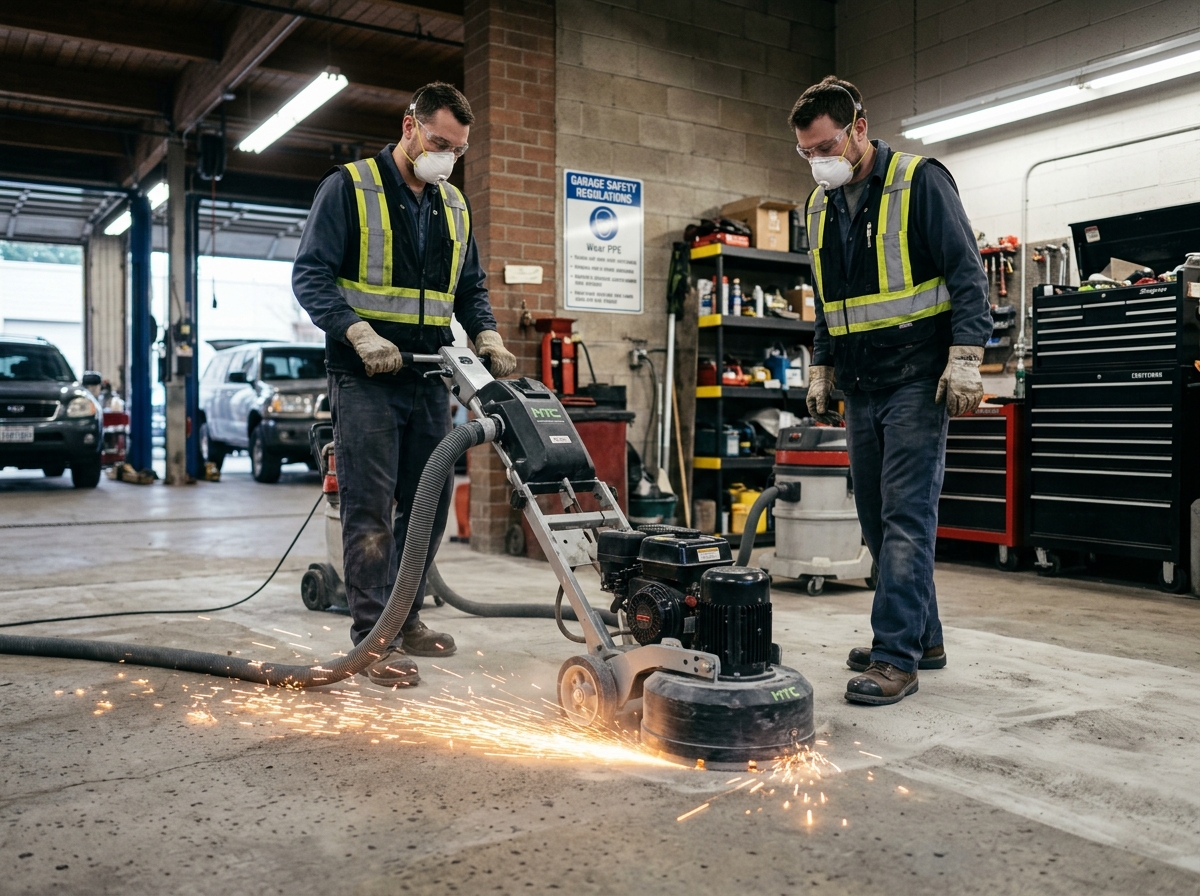 Technician using a professional diamond grinder for concrete preparation - epoxy floor coating install Technician using a professional diamond grinder for concrete preparation - epoxy floor coating install