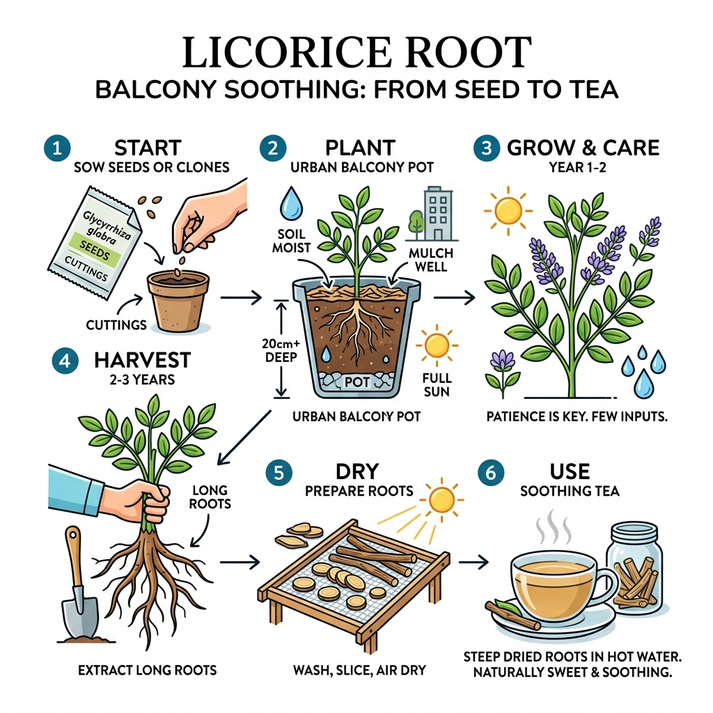 Licorice root balcony soothing lifecycle infographic from seed to tea - licorice root balcony soothing infographic 