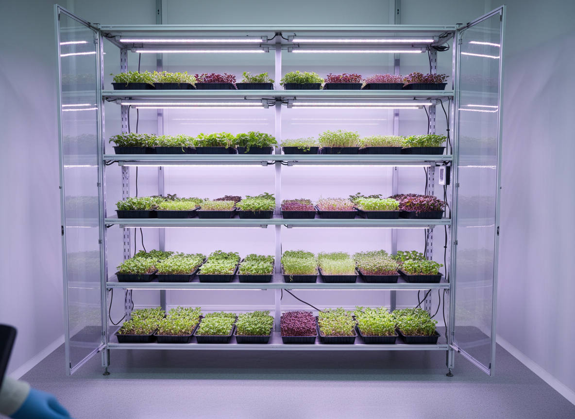 professional indoor shelving unit with LED grow lights - microgreen farming for profit