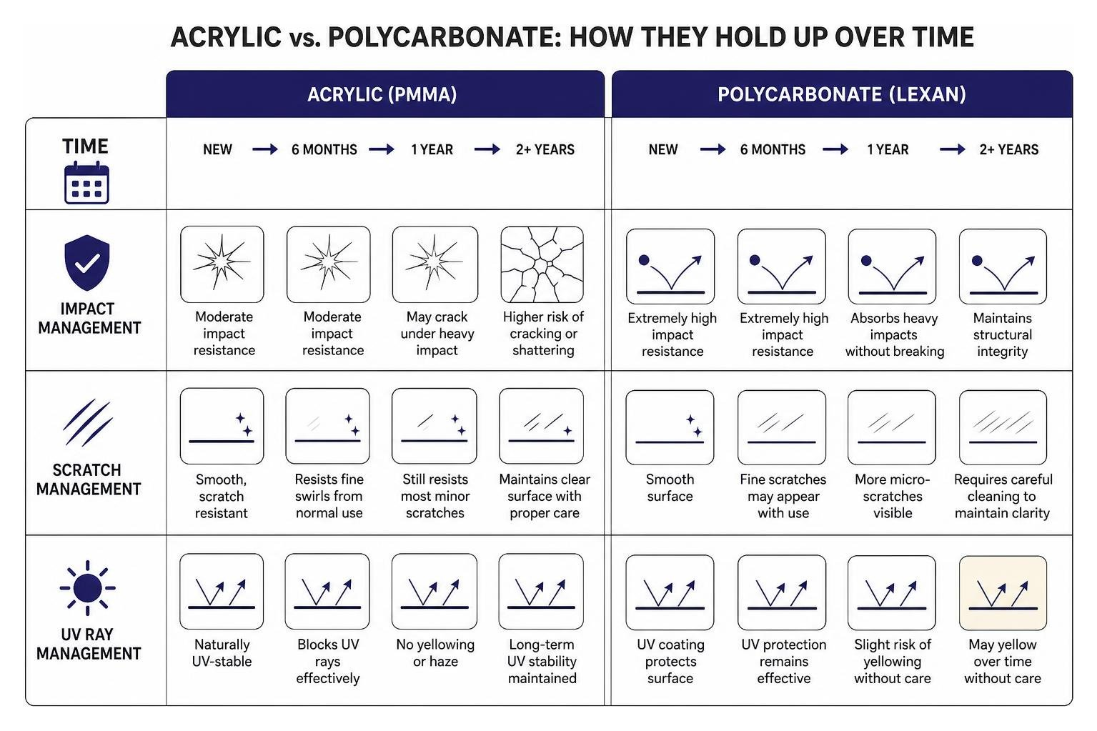 A detailed comparison diagram showing how acrylic and polycarbonate manage impact, scratches, and UV rays over time
