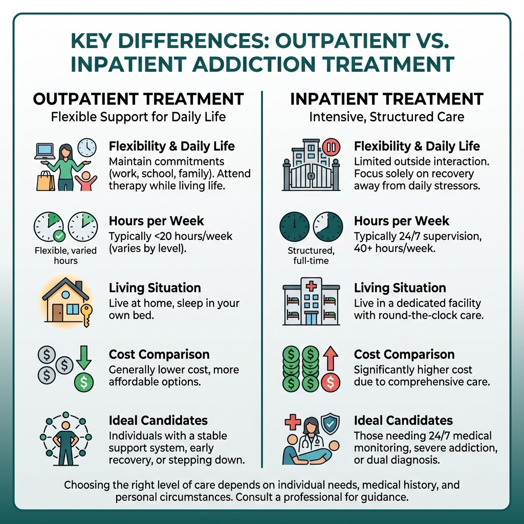 infographic showing the key differences between outpatient and inpatient addiction treatment, including flexibility to maintain daily life, hours per week of treatment, ability to live at home versus in a facility, cost comparison, and ideal candidates for each level of care - outpatient addiction treatment center East Tennessee infographic 