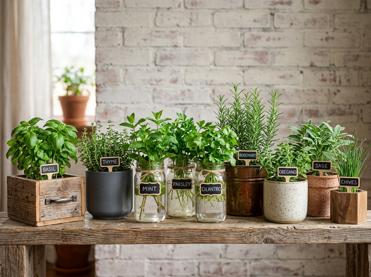 A variety of herb planter styles including rustic wood, sleek ceramic, and mason jars - herb planter gift set