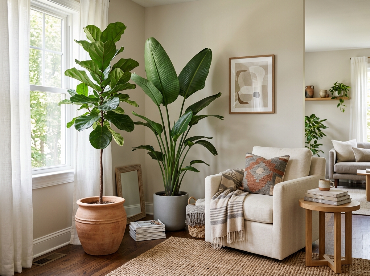 Tall corner plants like Fiddle Leaf Fig and Bird of Paradise creating vertical interest - indoor plants for living room Tall corner plants like Fiddle Leaf Fig and Bird of Paradise creating vertical interest - indoor plants for living room