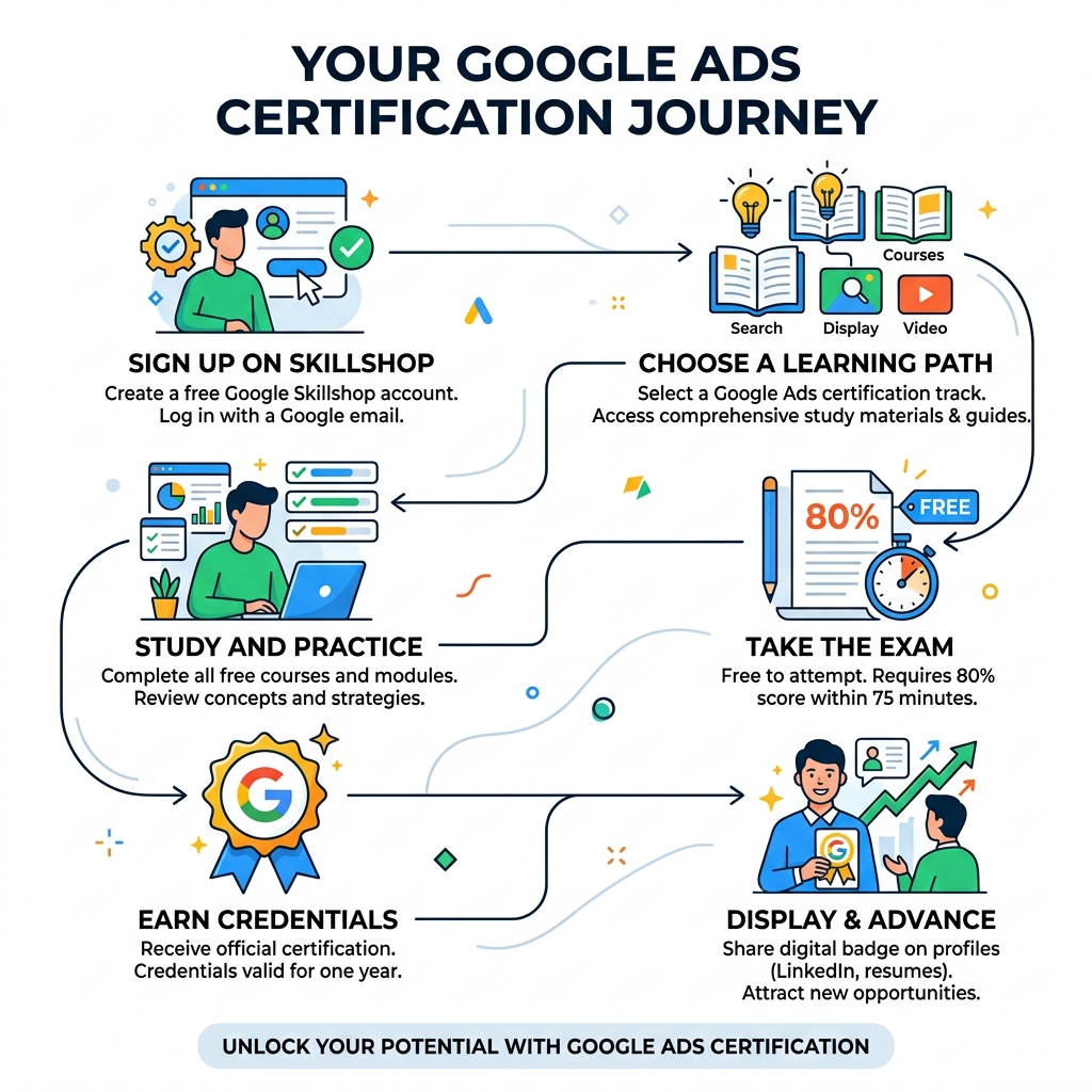 Infographic showing the Google Ads certification path from Skillshop signup to passing the exam and earning credentials Infographic showing the Google Ads certification path from Skillshop signup to passing the exam and earning credentials