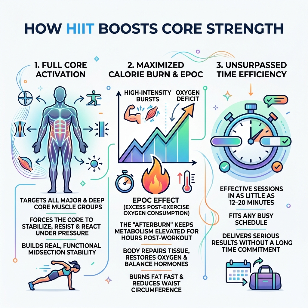 Infographic showing how HIIT boosts core strength through EPOC, muscle activation, and time efficiency - HIIT for core