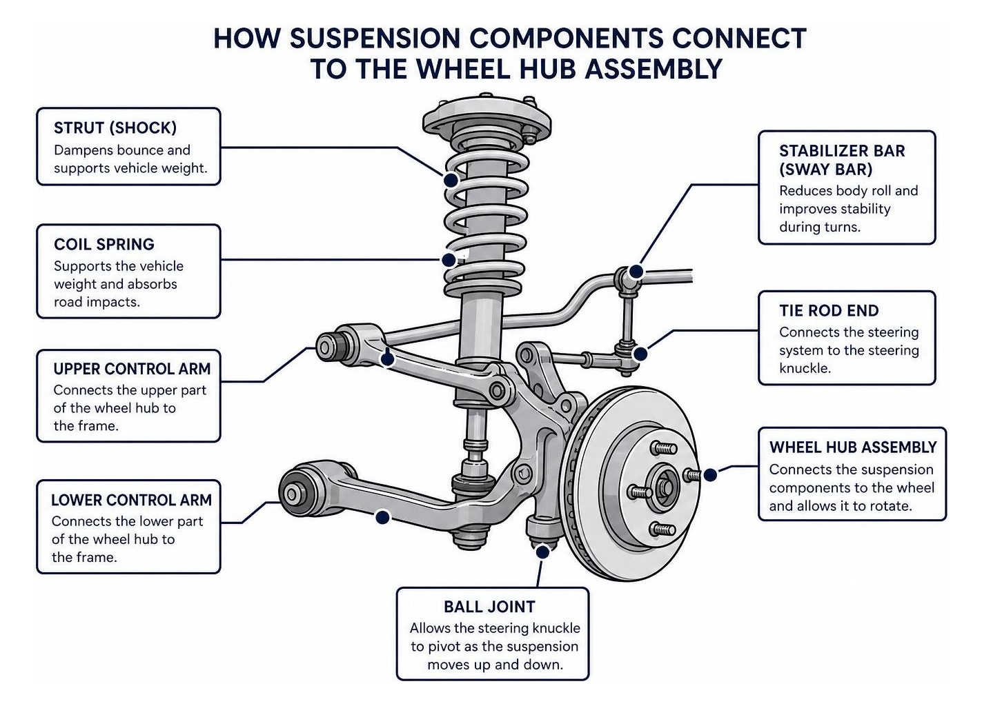 Diagram showing how suspension components connect to the wheel hub assembly Diagram showing how suspension components connect to the wheel hub assembly