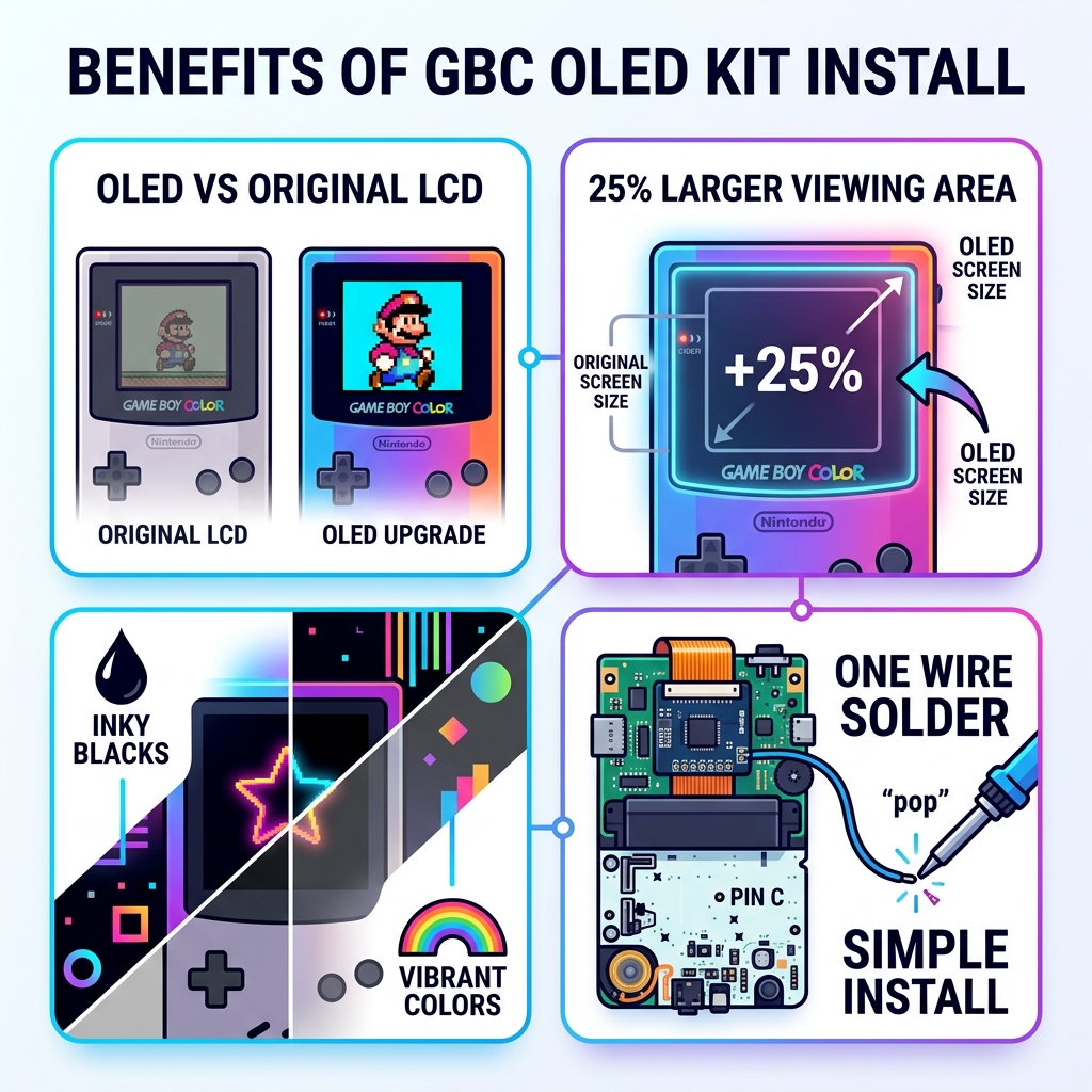 GBC OLED kit install benefits infographic: OLED vs original LCD comparison, 25% larger screen, inky blacks, vibrant colors
