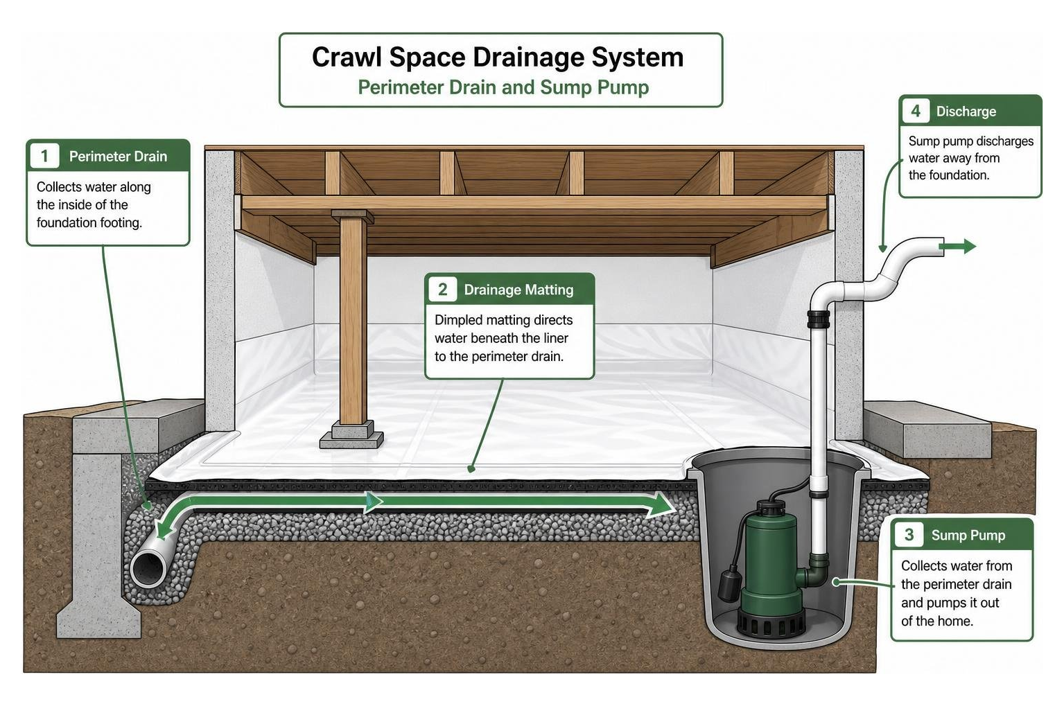 diagram of crawl space drainage system with perimeter drain and sump pump diagram of crawl space drainage system with perimeter drain and sump pump