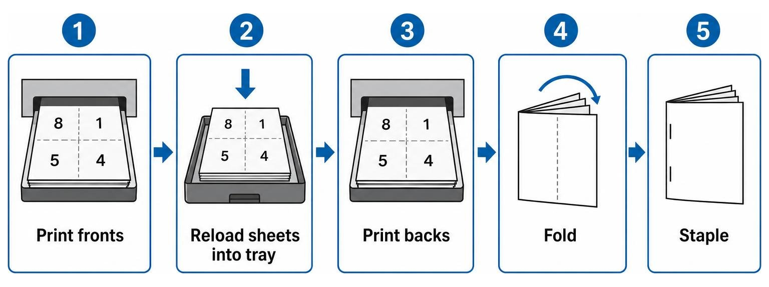 Manual duplexing steps: print fronts, reload sheets into tray, print backs, fold, staple Manual duplexing steps: print fronts, reload sheets into tray, print backs, fold, staple