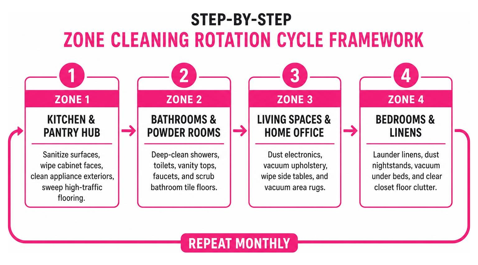 Step by step zone cleaning rotation cycle framework Step by step zone cleaning rotation cycle framework