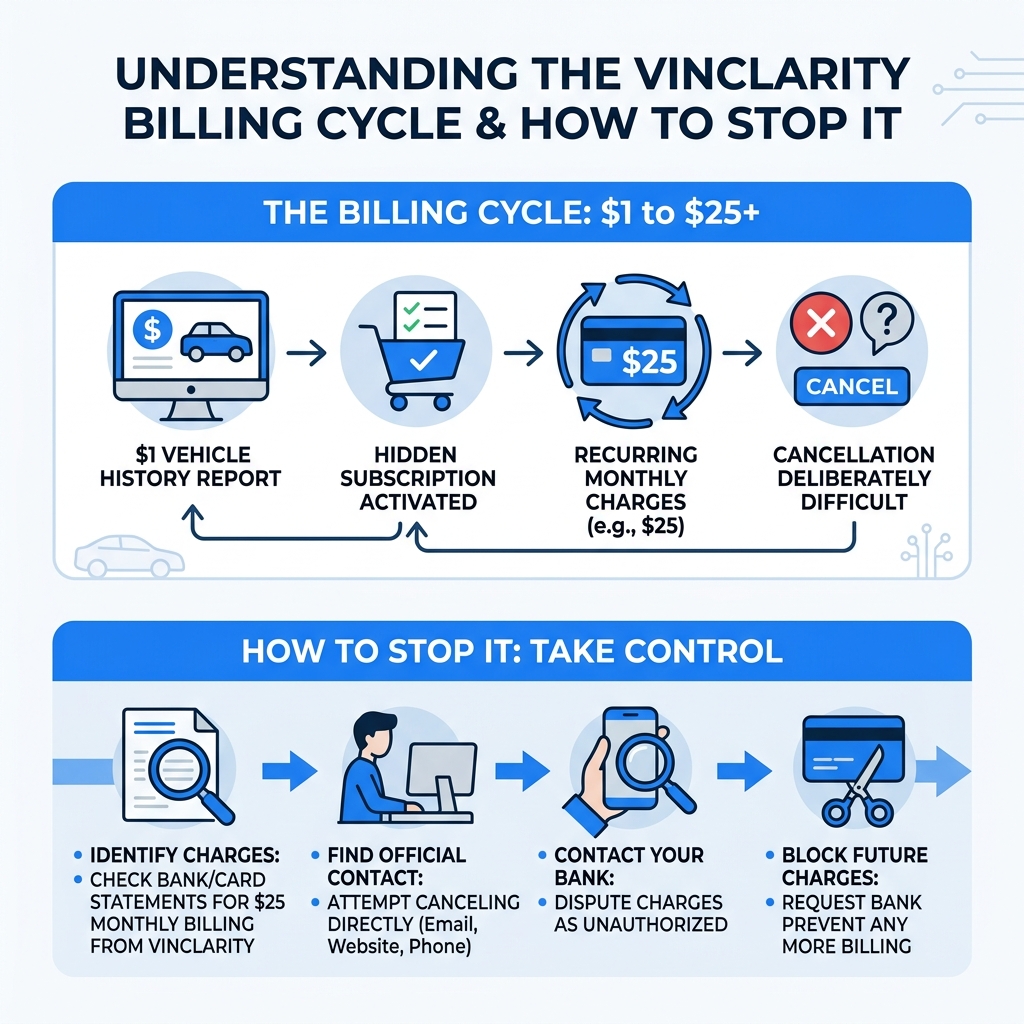 Infographic showing the Vinclarity $1 to $25 billing cycle and how to stop it - vinclarity scam infographic Infographic showing the Vinclarity $1 to $25 billing cycle and how to stop it - vinclarity scam infographic
