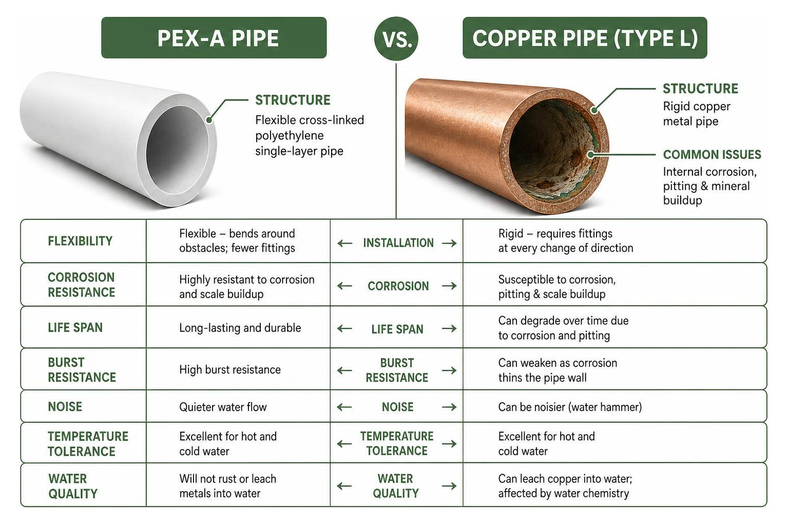 PEX vs Copper pipes structural comparison diagram