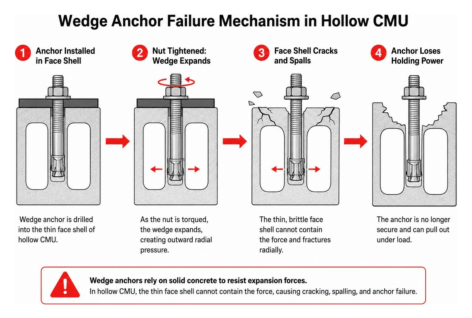 Wedge anchor failure mechanism in hollow CMU Wedge anchor failure mechanism in hollow CMU