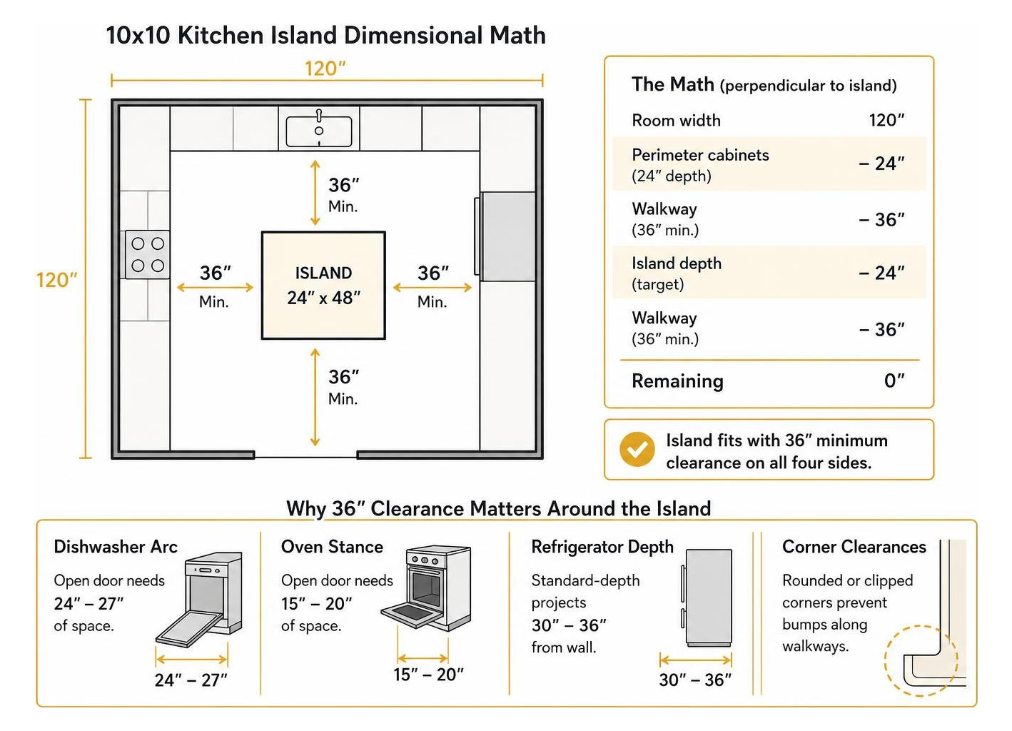 10x10 kitchen island dimensional math