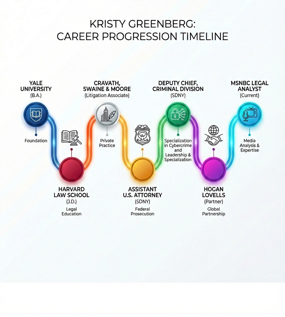 kristy greenberg career timeline showing progression from yale university through harvard law school to cravath swaine moore litigation associate to assistant us attorney to deputy chief criminal division to hogan lovells partner to msnbc legal analyst - kristy greenberg infographic 
