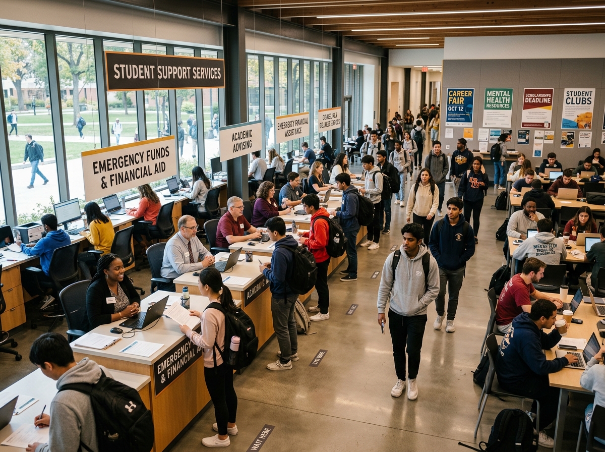 A busy university student center where students can find emergency support services - emergency claim student policy A busy university student center where students can find emergency support services - emergency claim student policy