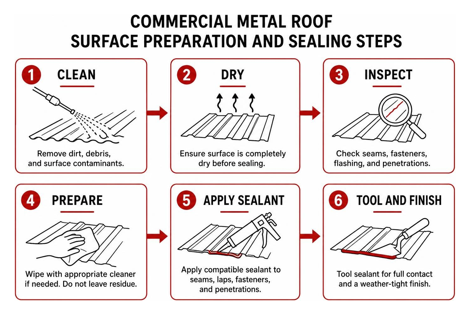 Commercial metal roof surface preparation and sealing steps Commercial metal roof surface preparation and sealing steps