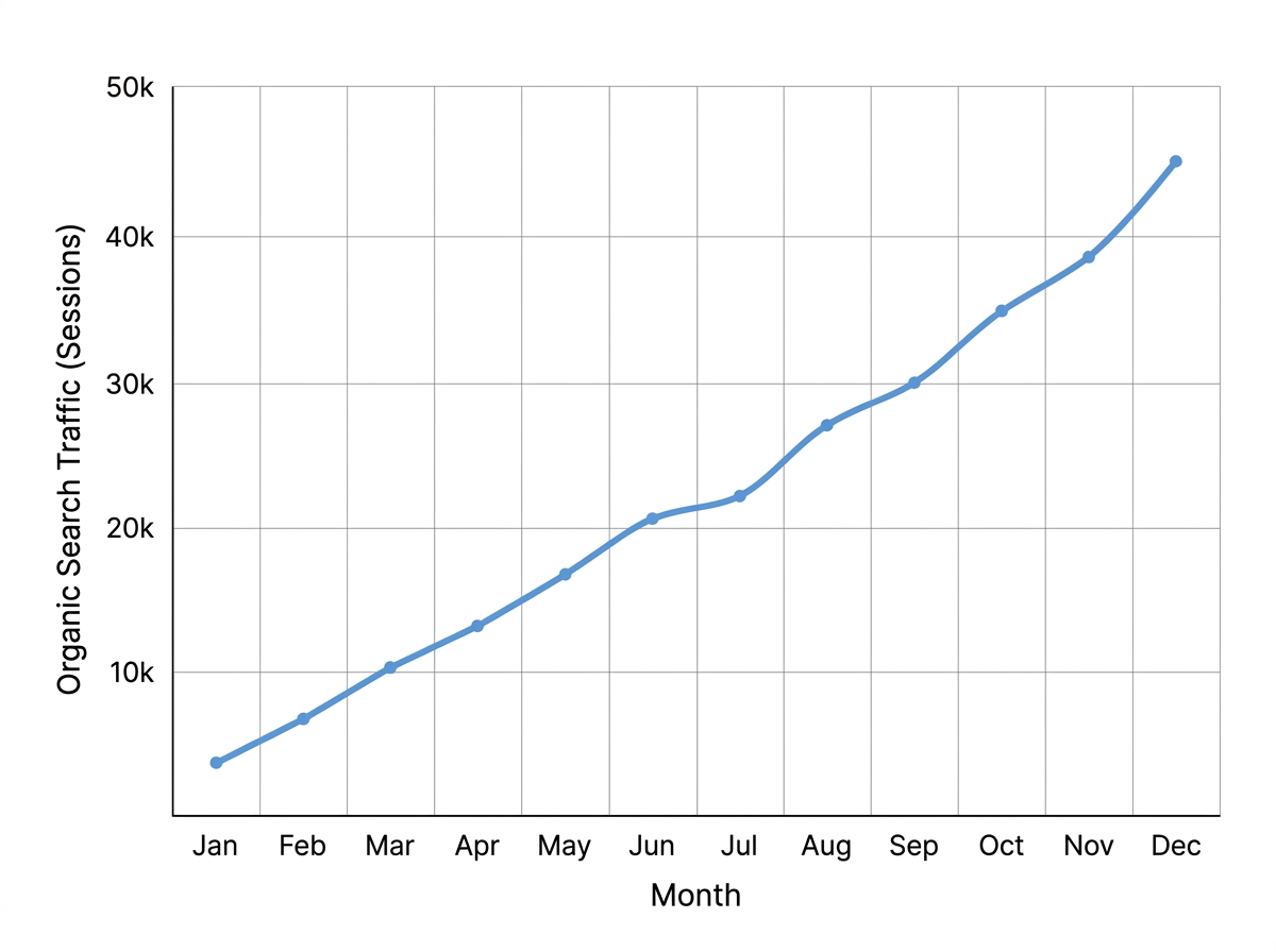 A graph showing steady upward growth in organic search traffic over twelve months; Alt: Data visualization of organic keyword ranking growth