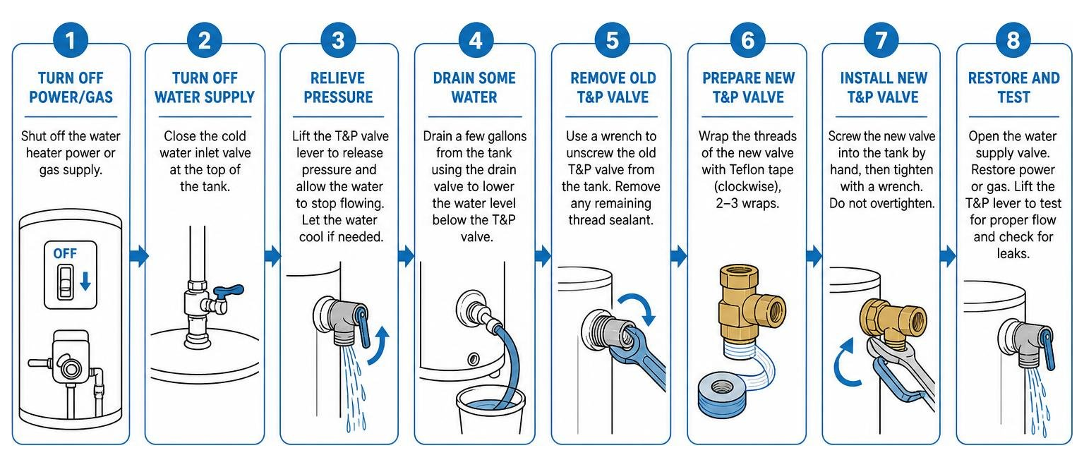 diagram of step by step water heater pressure relief valve replacement process
