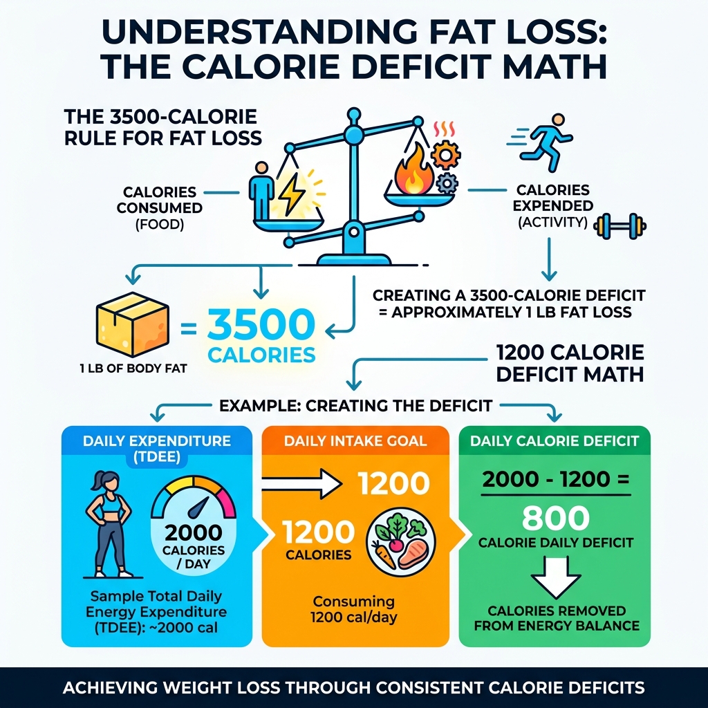 Infographic showing the 3500-calorie rule for fat loss and 1200 calorie deficit math - 1200 calories per day weight loss