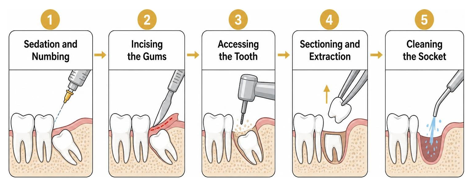 Step-by-step surgical process of wisdom teeth extraction