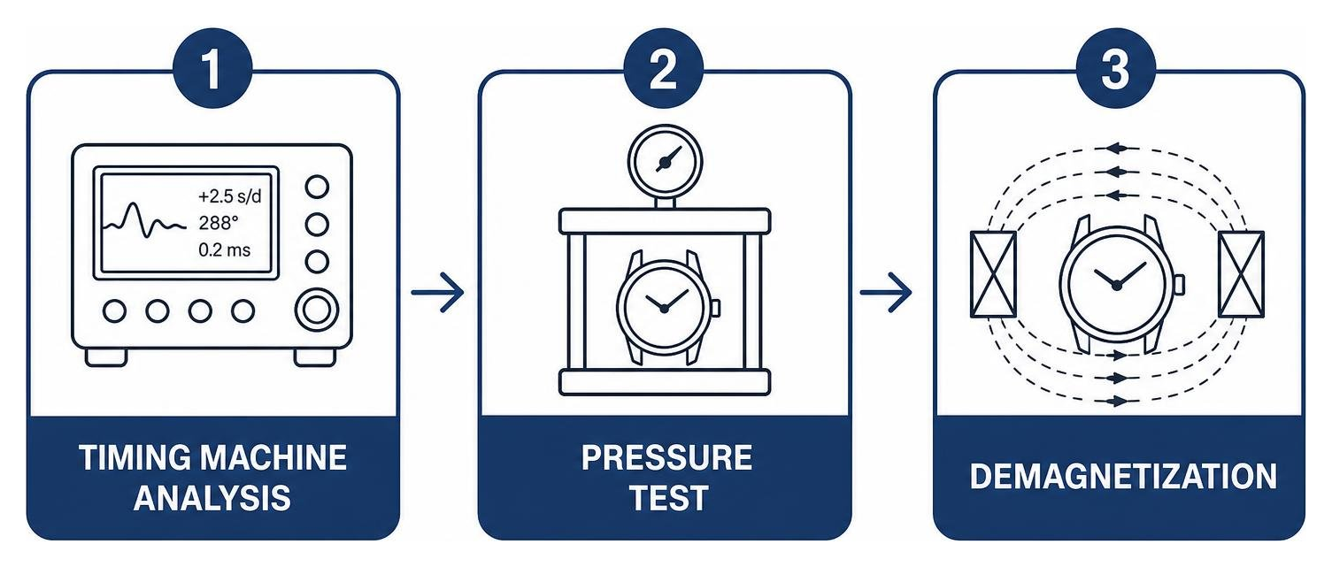 Diagram detailing movement testing steps: timing machine, pressure test, demagnetization Diagram detailing movement testing steps: timing machine, pressure test, demagnetization
