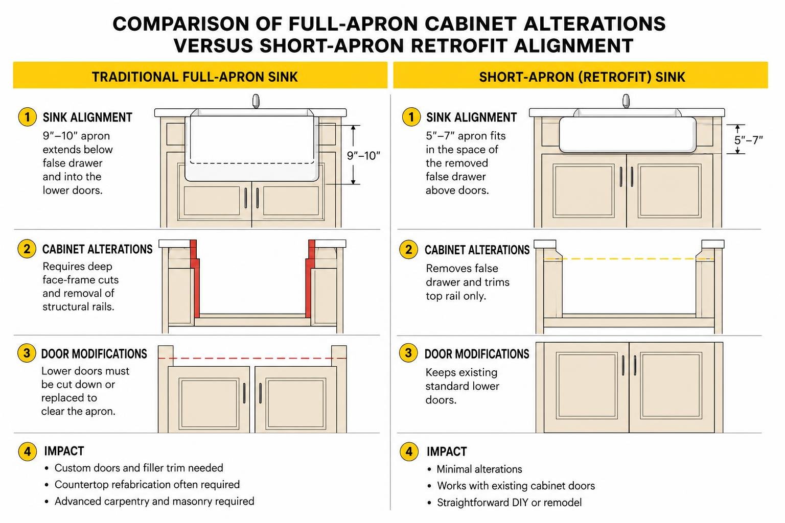Comparison of full-apron cabinet alterations versus short-apron retrofit alignment Comparison of full-apron cabinet alterations versus short-apron retrofit alignment