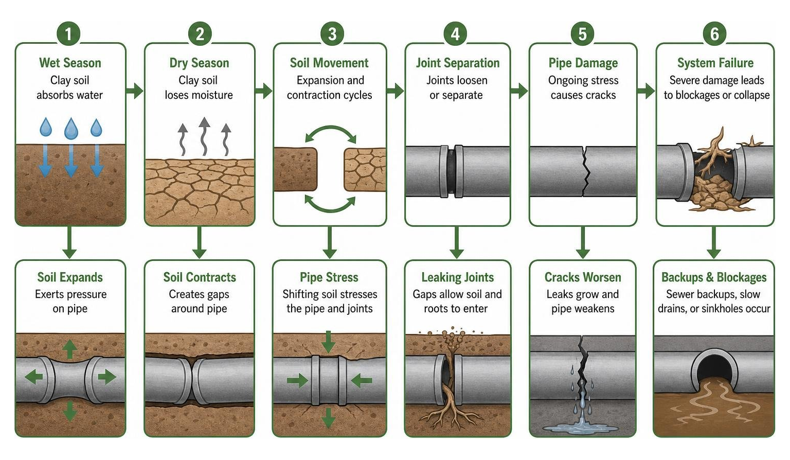 Clay soil expansion and contraction cause-and-effect chain on sewer pipes Clay soil expansion and contraction cause-and-effect chain on sewer pipes
