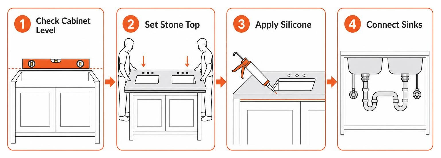 step-by-step installation process diagram: checking cabinet level, setting stone top, applying silicone, connecting sinks step-by-step installation process diagram: checking cabinet level, setting stone top, applying silicone, connecting sinks