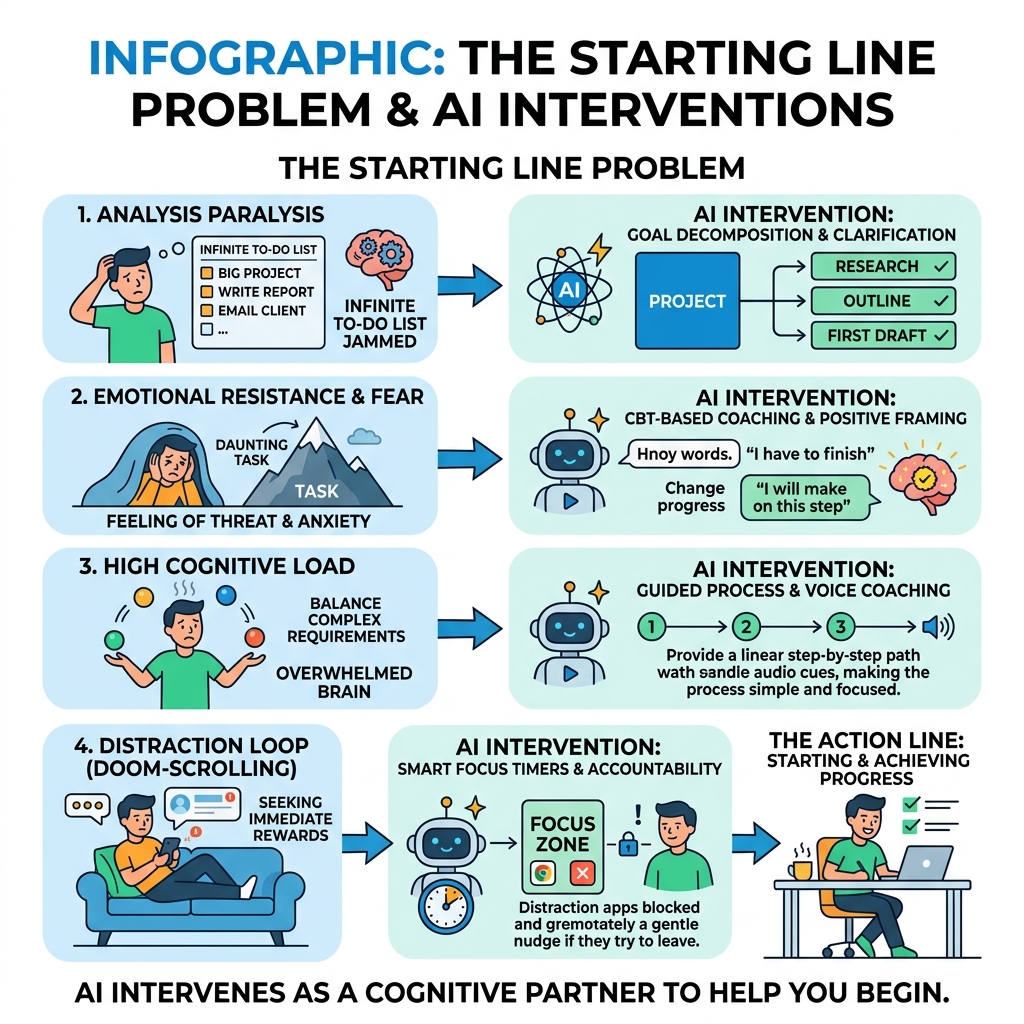 Infographic: The Starting Line Problem and how AI procrastination tools intervene at each stage - ai procrastination fighter Infographic: The Starting Line Problem and how AI procrastination tools intervene at each stage - ai procrastination fighter