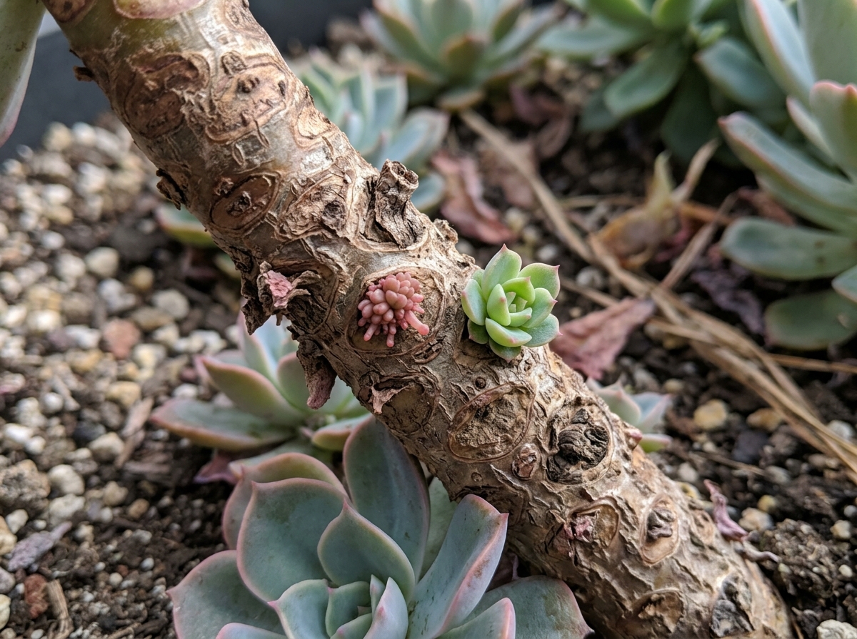 Close-up of a calloused succulent stem with tiny pink root buds and a small green pup emerging from a node - succulent Close-up of a calloused succulent stem with tiny pink root buds and a small green pup emerging from a node - succulent