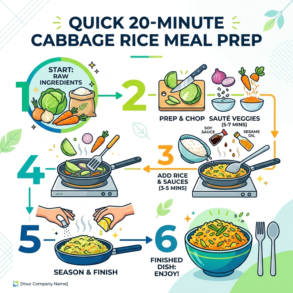 20-minute cabbage rice meal prep steps from raw ingredients to finished dish - healthy cabbage rice recipe infographic 