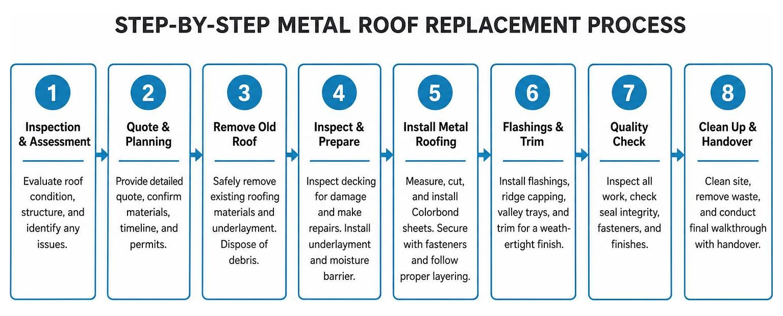 Step-by-step metal roof replacement process diagram Step-by-step metal roof replacement process diagram