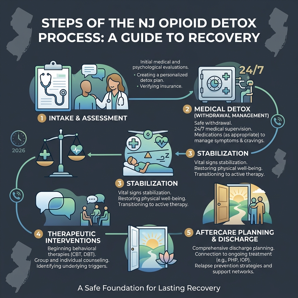 Steps of the opioid detox process in New Jersey, from intake through stabilization to aftercare - nj opioid detox centers