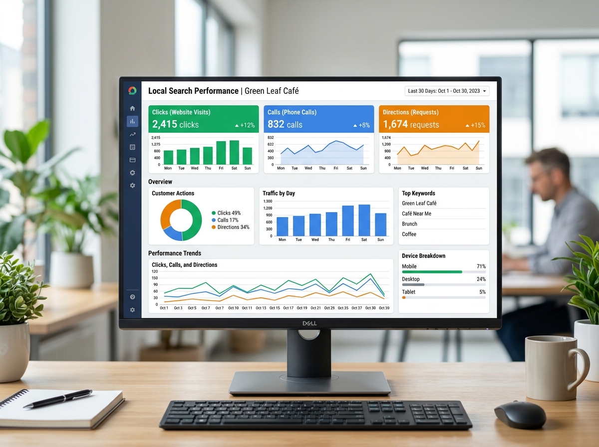 local search analytics dashboard showing clicks, calls, and direction requests - local search listing management