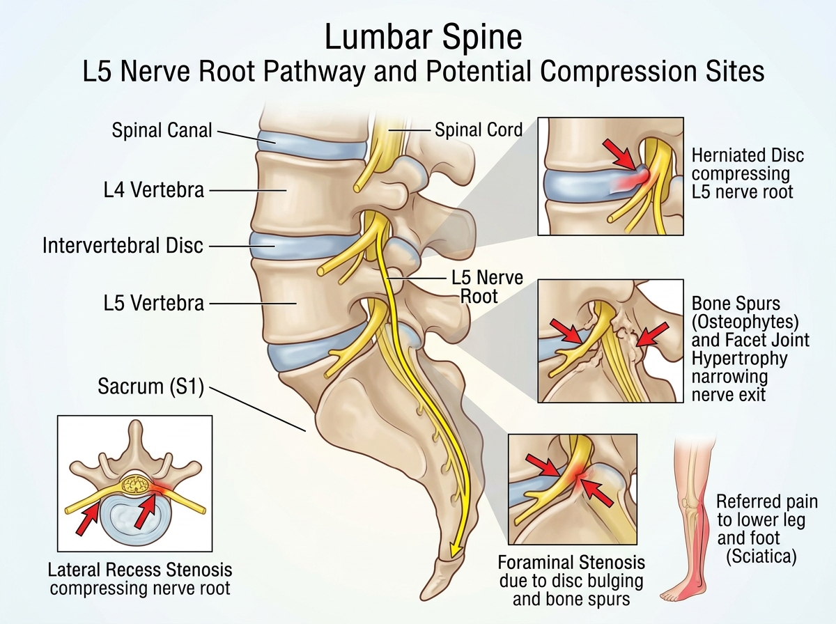 Anatomy of the lumbar spine showing the L5 nerve path and potential compression points - l5 radiculopathy foot drop treatment