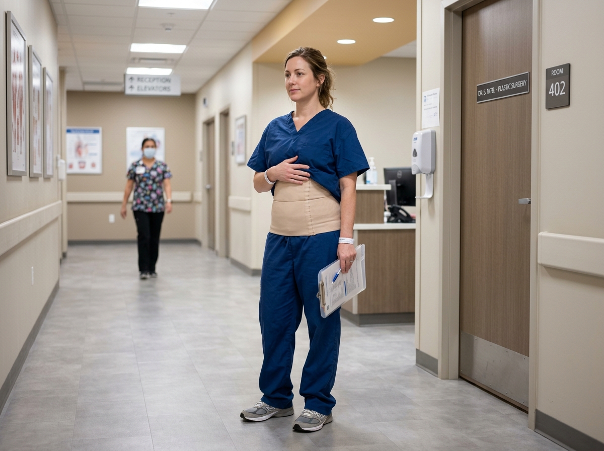 Patient wearing a medical compression garment - how long is tummy tuck recovery Patient wearing a medical compression garment - how long is tummy tuck recovery