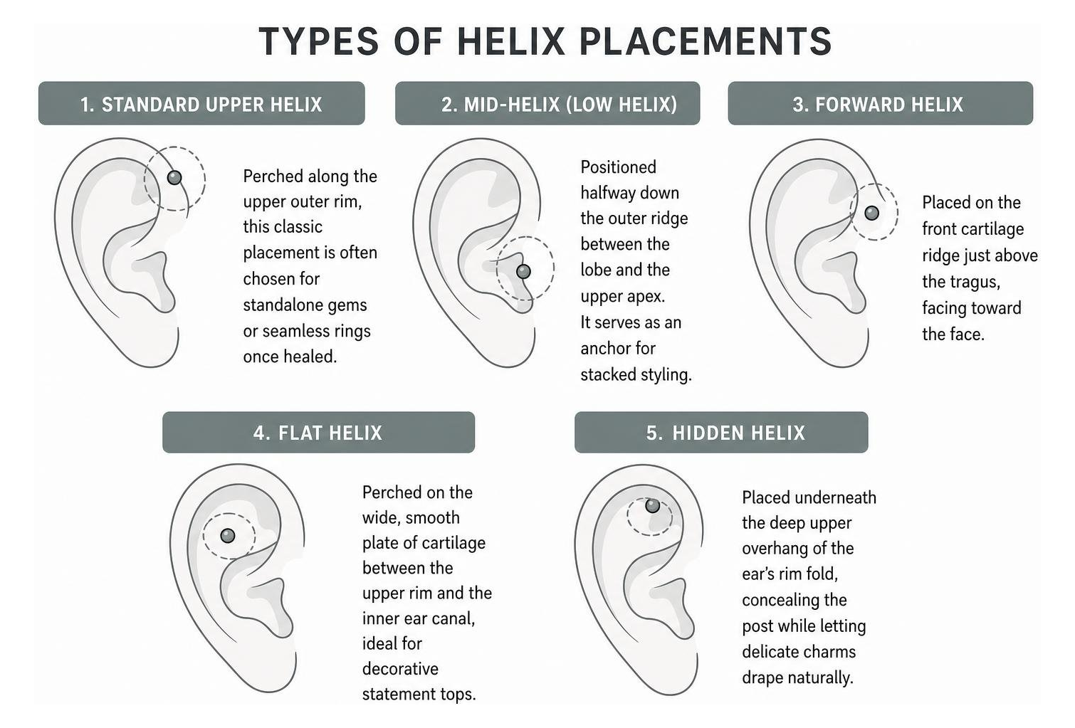 Types of helix placements on ear anatomy Types of helix placements on ear anatomy