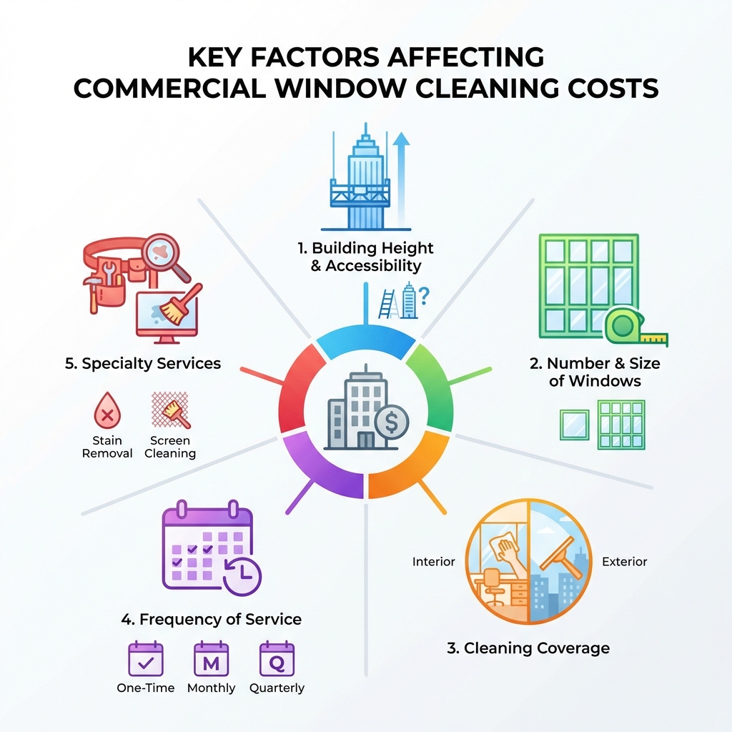 infographic showing five key factors affecting commercial window cleaning costs: building height and accessibility, number and size of windows, cleaning coverage (interior/exterior), frequency of service, and additional specialty services like stain removal and screen cleaning - cost to clean commercial windows infographic infographic showing five key factors affecting commercial window cleaning costs: building height and accessibility, number and size of windows, cleaning coverage (interior/exterior), frequency of service, and additional specialty services like stain removal and screen cleaning - cost to clean commercial windows infographic