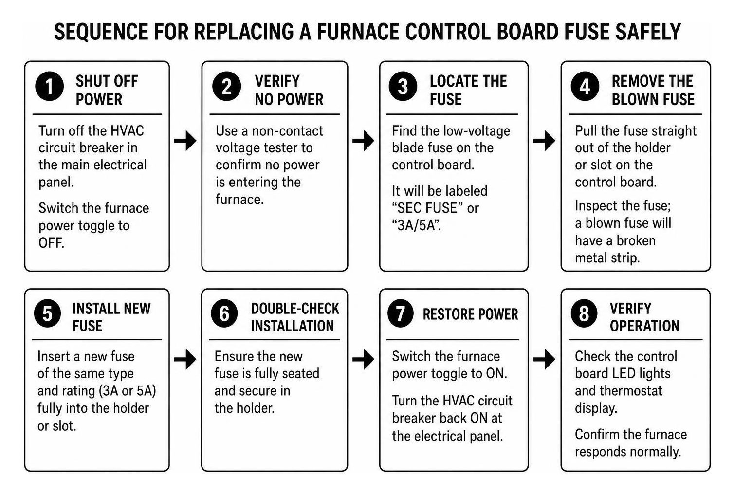 Sequence for replacing a furnace control board fuse safely Sequence for replacing a furnace control board fuse safely