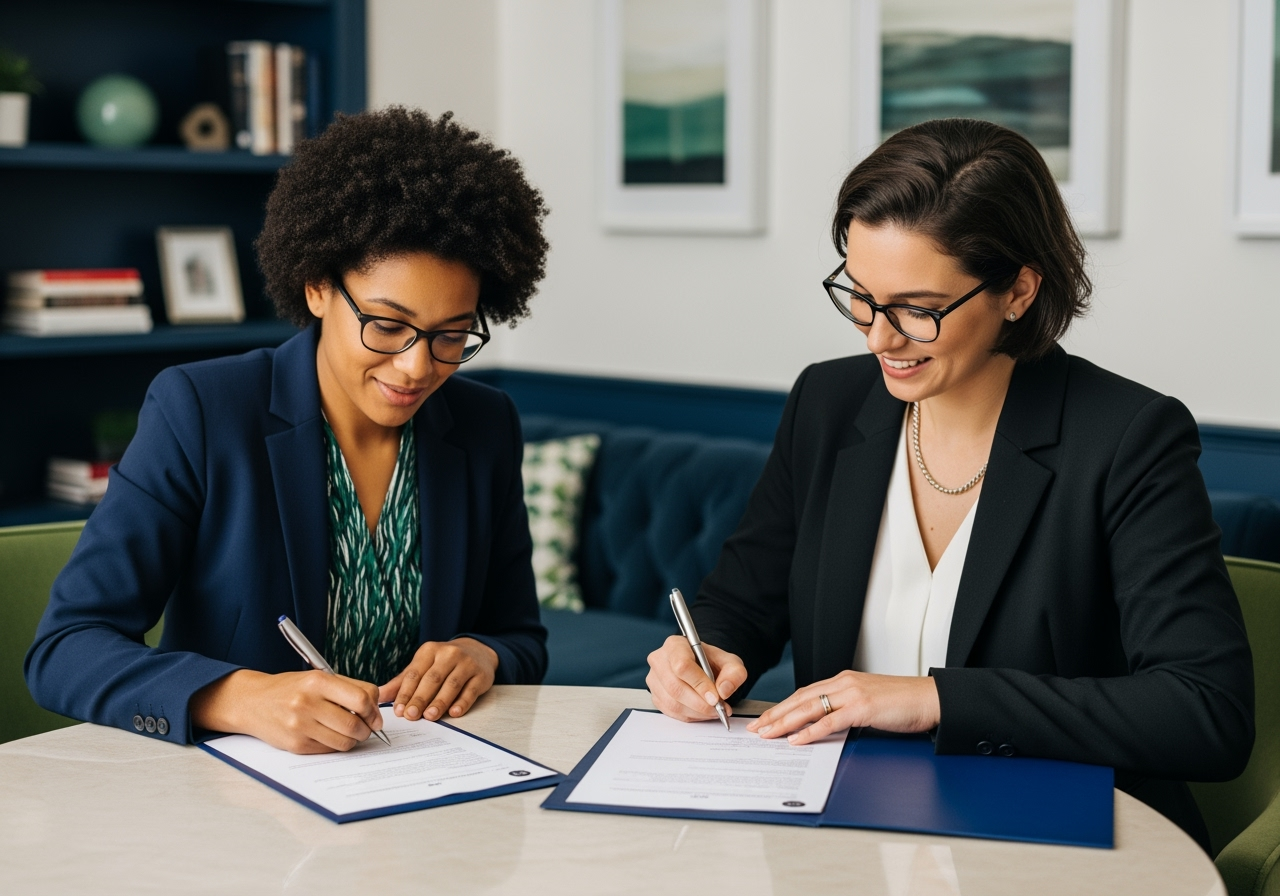Two people signing a sublease agreement at a table, with a pen and documents clearly visible. - berkeley sublet summer